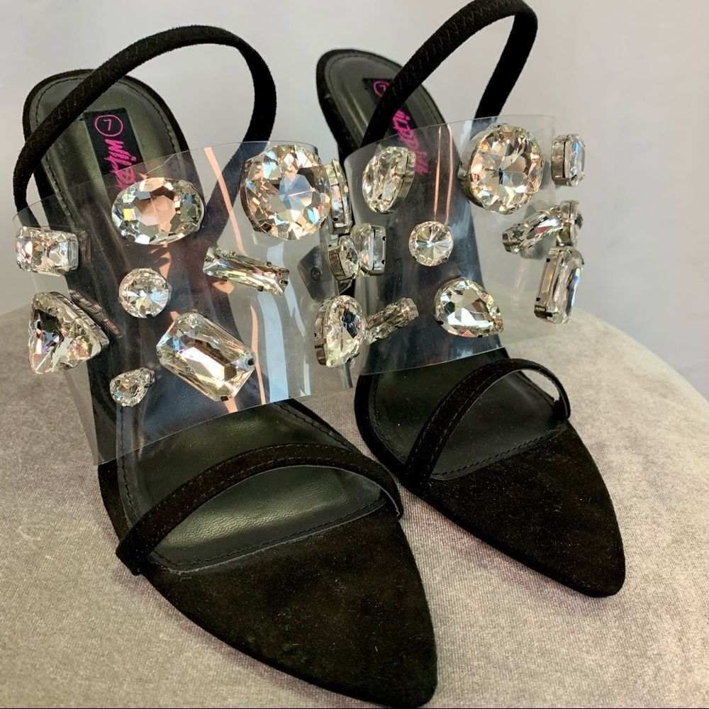 Wild Diva NWOB Black clear plastic Rhinestone Embellished sling back high heel 7 - Picture 3 of 8